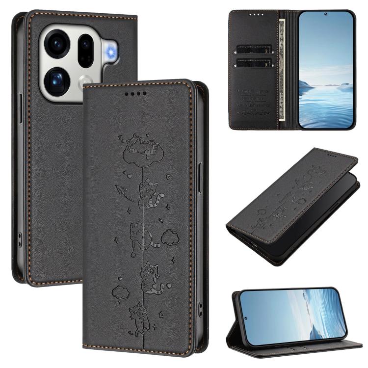

For OPPO Find X9 Pro Cute Cats Embossed Magnetic RFID Vegan Leather Phone Case(Black)