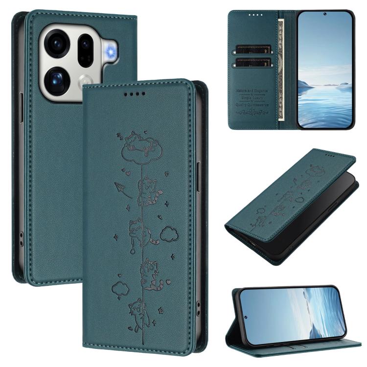 

For OPPO Find X9 Pro Cute Cats Embossed Magnetic RFID Vegan Leather Phone Case(Peacock Green)
