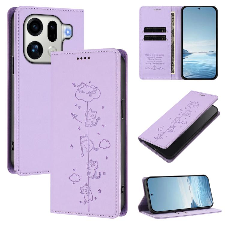 

For OPPO Find X9 Pro Cute Cats Embossed Magnetic RFID Vegan Leather Phone Case(Light Purple)