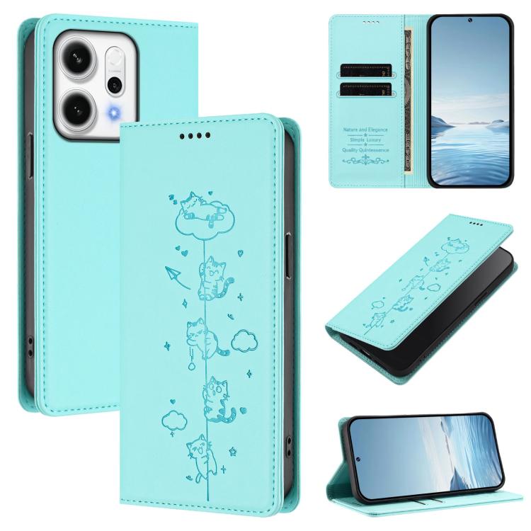

For OPPO Reno14 Pro 5G Global Cute Cats Embossed Magnetic RFID Vegan Leather Phone Case(Mint Green)