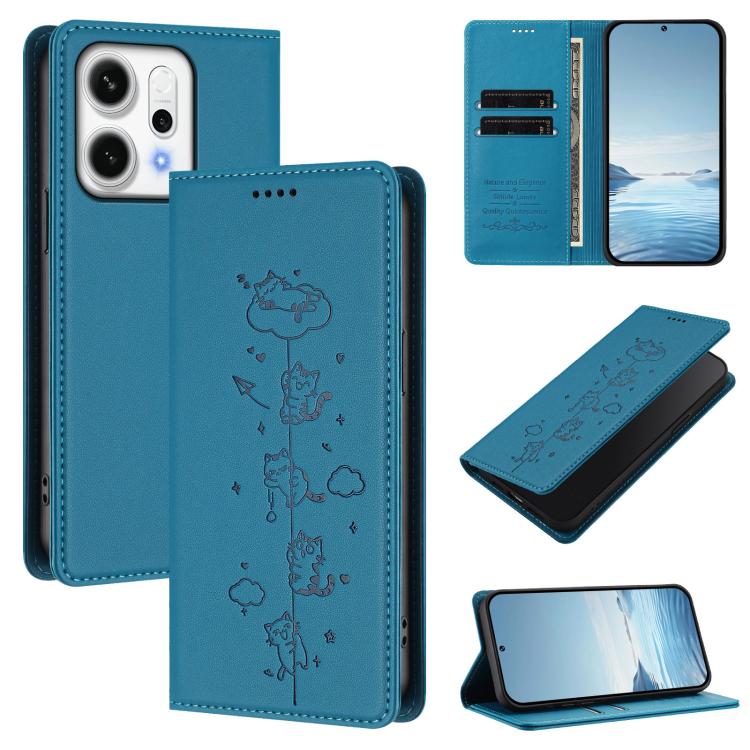 

For OPPO Reno14 Pro 5G Global Cute Cats Embossed Magnetic RFID Vegan Leather Phone Case(Lake Blue)