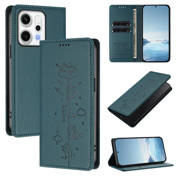 

For OPPO Reno14 Pro 5G Global Cute Cats Embossed Magnetic RFID Vegan Leather Phone Case(Peacock Green)