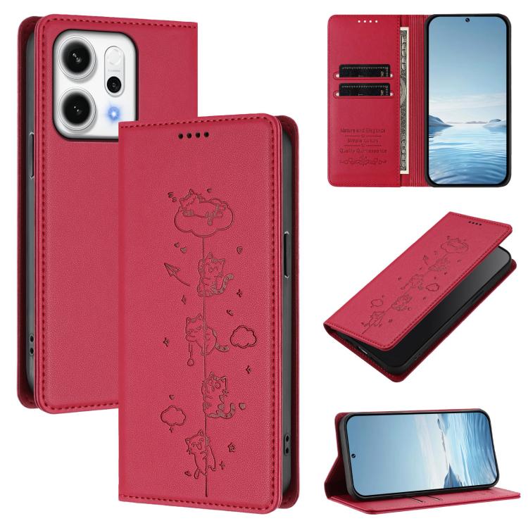 

For OPPO Reno14 F 5G / Reno14 5G Global Cute Cats Embossed Magnetic RFID Vegan Leather Phone Case(Red)
