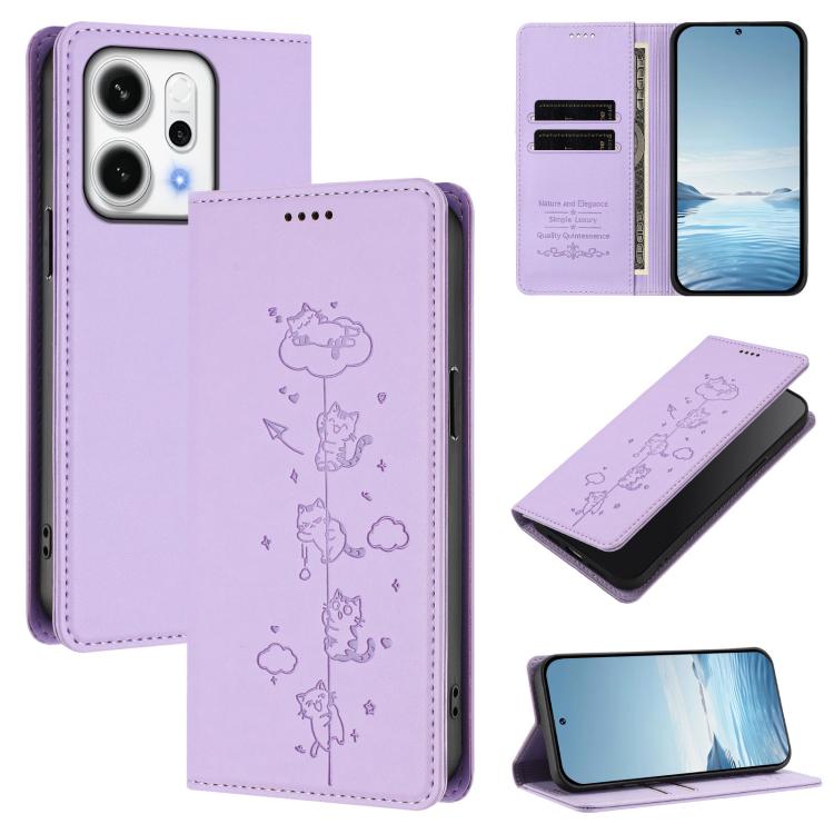 

For OPPO Reno14 F 5G / Reno14 5G Global Cute Cats Embossed Magnetic RFID Vegan Leather Phone Case(Light Purple)