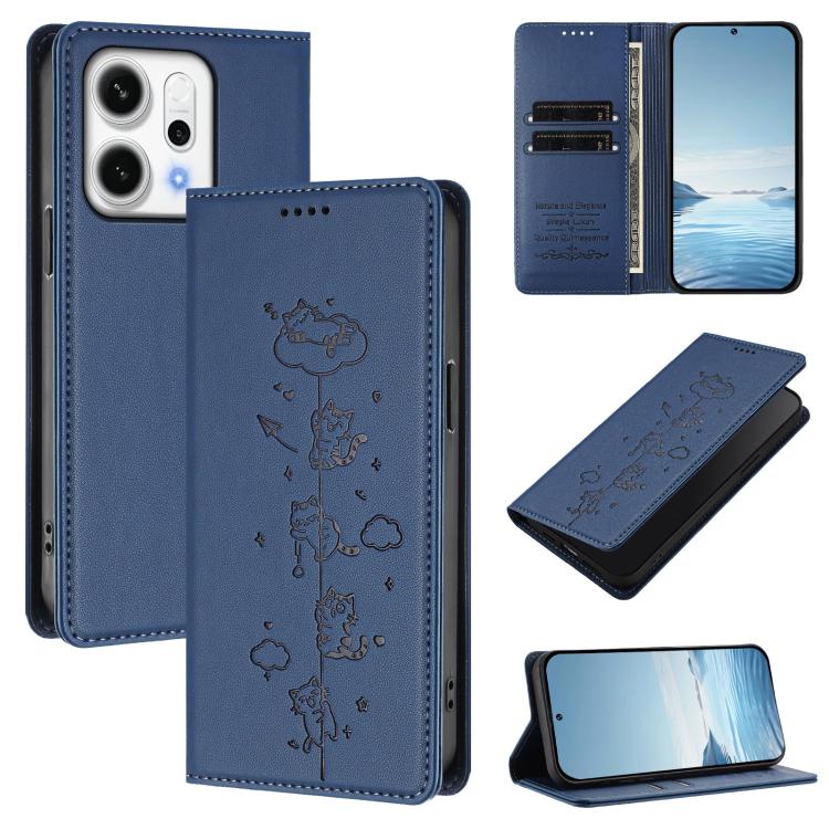 

For OPPO Reno14 F 5G / Reno14 5G Global Cute Cats Embossed Magnetic RFID Vegan Leather Phone Case(Dark Blue)