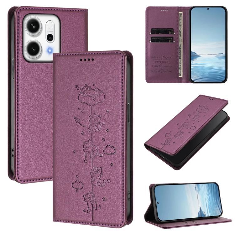 

For OPPO Reno14 F 5G / Reno14 5G Global Cute Cats Embossed Magnetic RFID Vegan Leather Phone Case(Violet Purple)