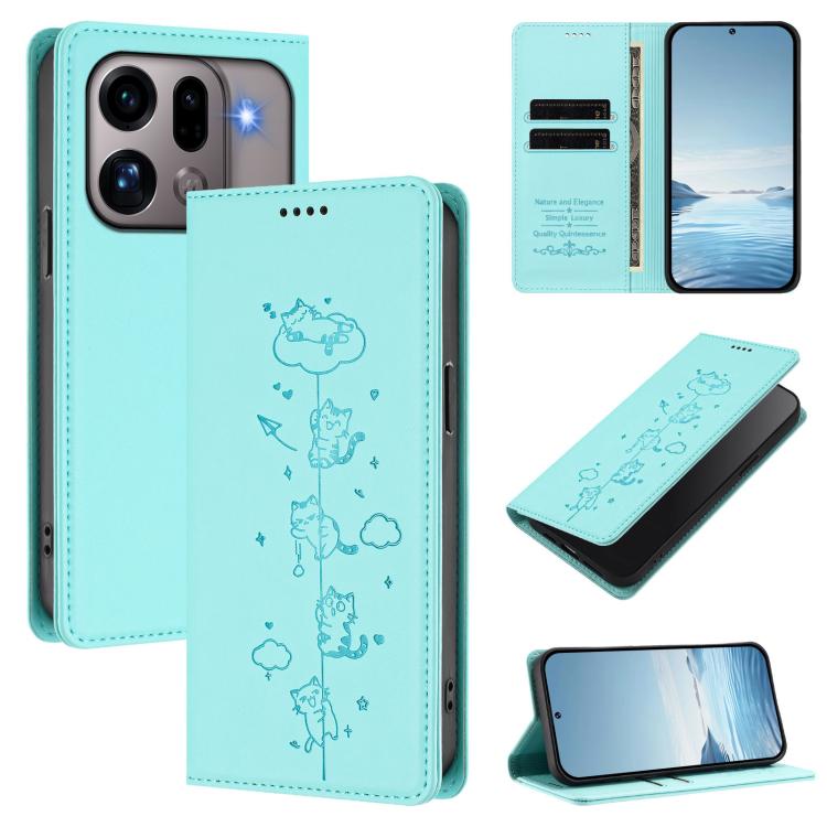 

For OPPO Find X9s Pro 5G Cute Cats Embossed Magnetic RFID Vegan Leather Phone Case(Mint Green)