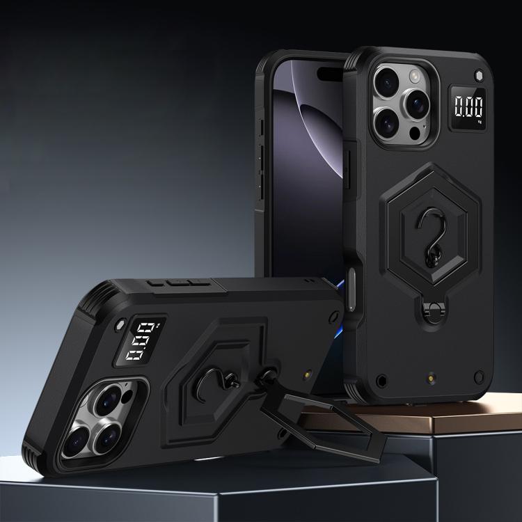 

For iPhone 16 Pro Max Hexagon Armor Magnetic Holder Weighing Scale Phone Case(Black)