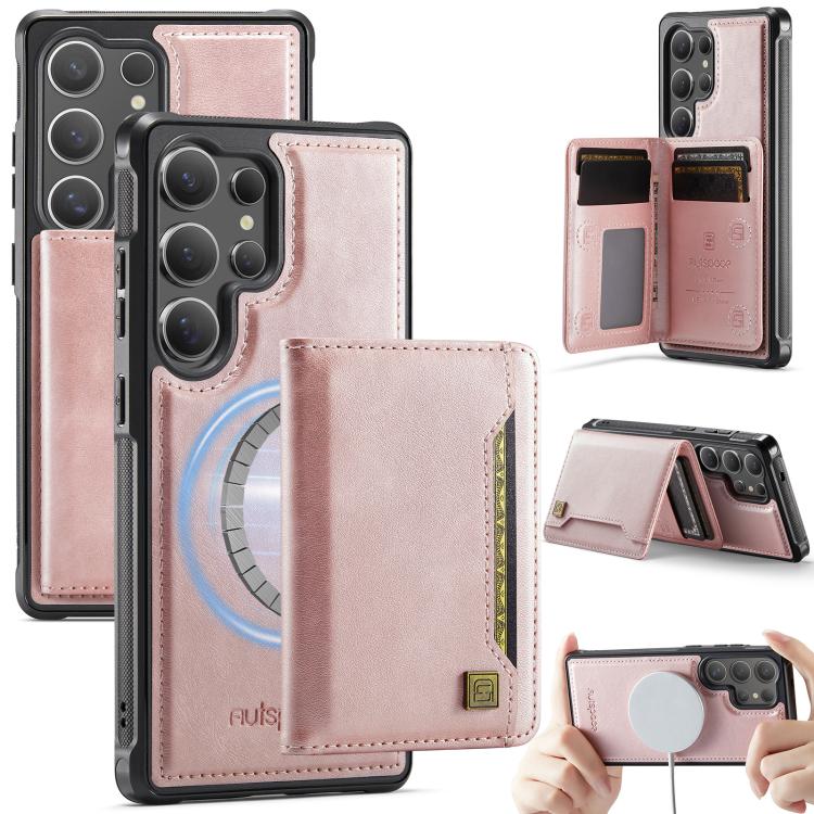 For Samsung Galaxy S25 Ultra 5G AutSpace A13 MagSafe Magnetic RFID Flip Card Bag Phone Case(Rose Gold)