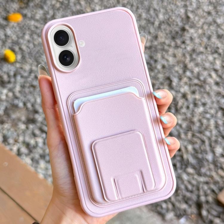 For iPhone 16 Plus Square Folding Card Bag Holder Phone Case(Pink)