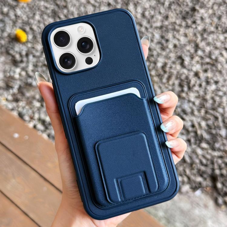 For iPhone 15 Pro Max Square Folding Card Bag Holder Phone Case(Dark Blue)
