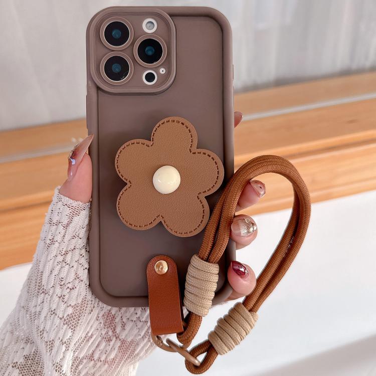 For iPhone 15 Pro Max Floral Holder TPU Phone Case with PU Buckle Lanyard(Coffee)