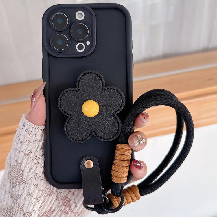 

For iPhone 15 Pro Floral Holder TPU Phone Case with PU Buckle Lanyard(Black)