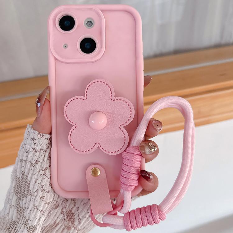 

For iPhone 13 Floral Holder TPU Phone Case with PU Buckle Lanyard(Pink)