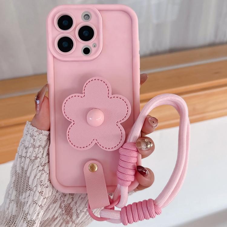 

For iPhone 14 Pro Floral Holder TPU Phone Case with PU Buckle Lanyard(Pink)