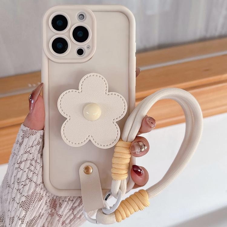 

For iPhone 13 Pro Max Floral Holder TPU Phone Case with PU Buckle Lanyard(Beige)