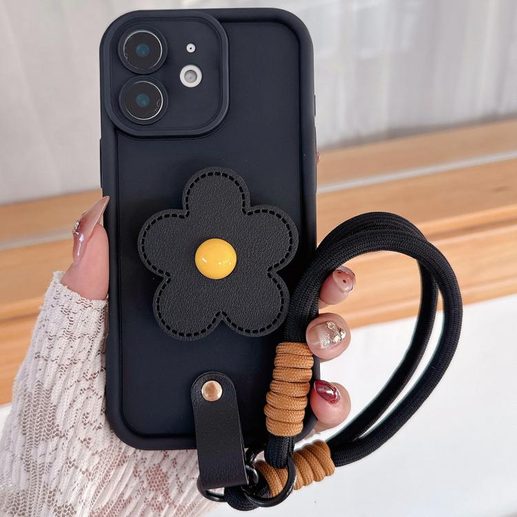 

For iPhone 12 Floral Holder TPU Phone Case with PU Buckle Lanyard(Black)