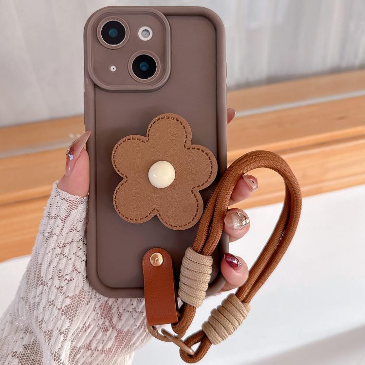For iPhone 15 Floral Holder TPU Phone Case with PU Buckle Lanyard(Coffee)