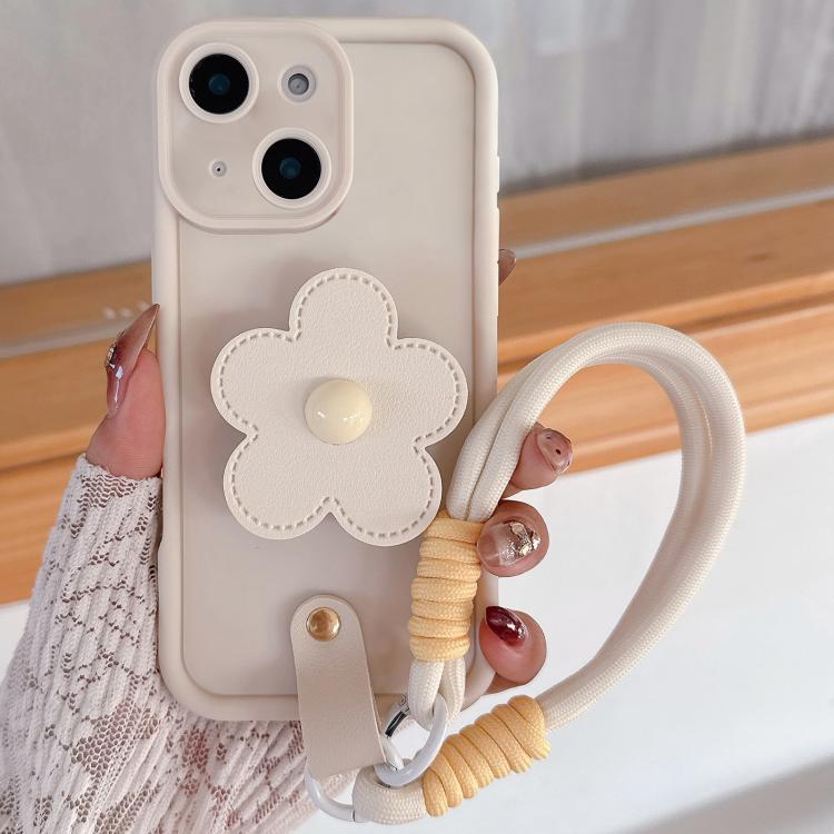 

For iPhone 14 Floral Holder TPU Phone Case with PU Buckle Lanyard(Beige)