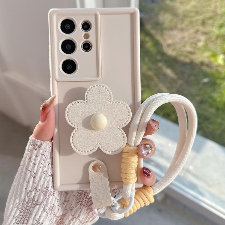 

For Samsung Galaxy S24 Ultra 5G Floral Holder TPU Phone Case with PU Buckle Lanyard(Beige)