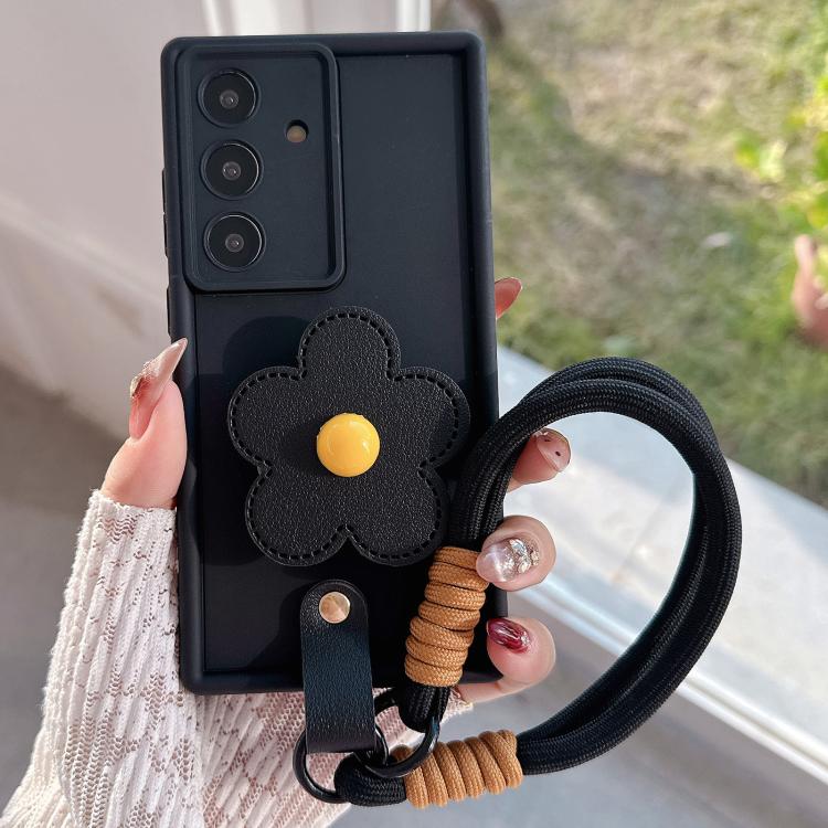

For Samsung Galaxy S24 FE 5G Floral Holder TPU Phone Case with PU Buckle Lanyard(Black)