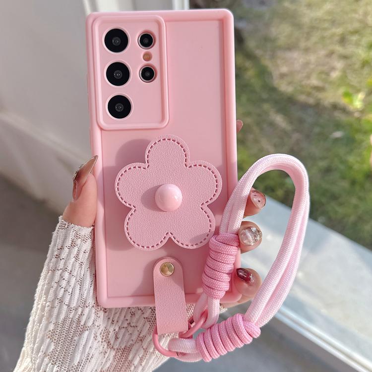 For Samsung Galaxy S21 Ultra 5G Floral Holder TPU Phone Case with PU Buckle Lanyard(Pink)