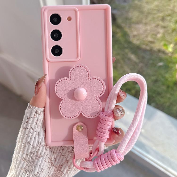 For Samsung Galaxy S21+ 5G Floral Holder TPU Phone Case with PU Buckle Lanyard(Pink)