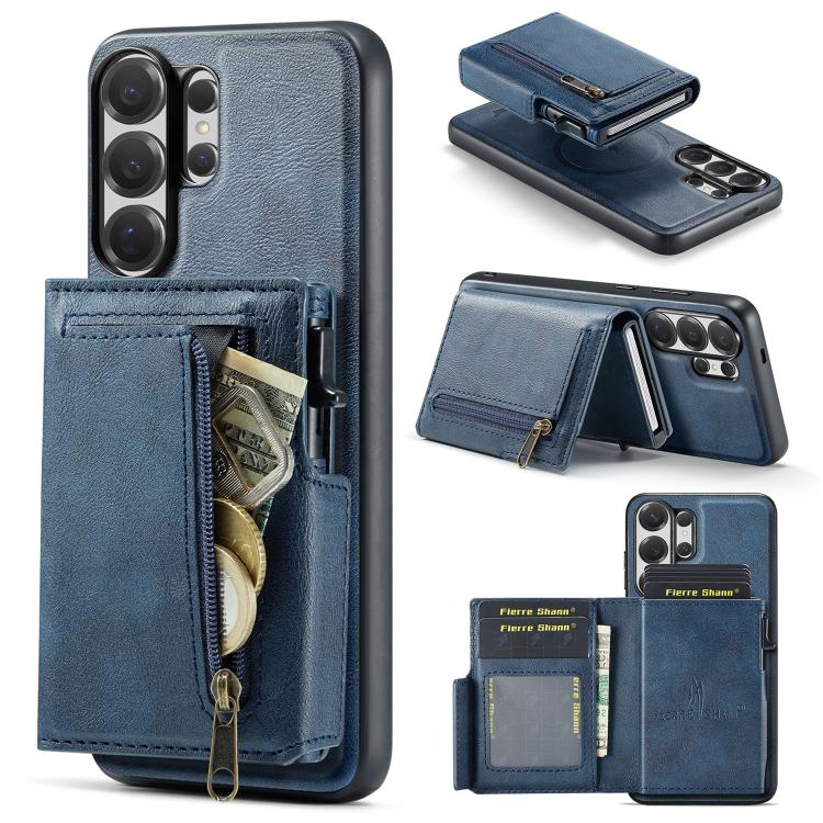 For Galaxy S26 Ultra 5G Fierre Shann Oil Wax Vegan Leather Magnetic Card Holder Back Phone Case(Blue)