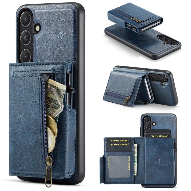 For Galaxy S26 5G Fierre Shann Oil Wax Vegan Leather Magnetic Card Holder Back Phone Case(Blue)