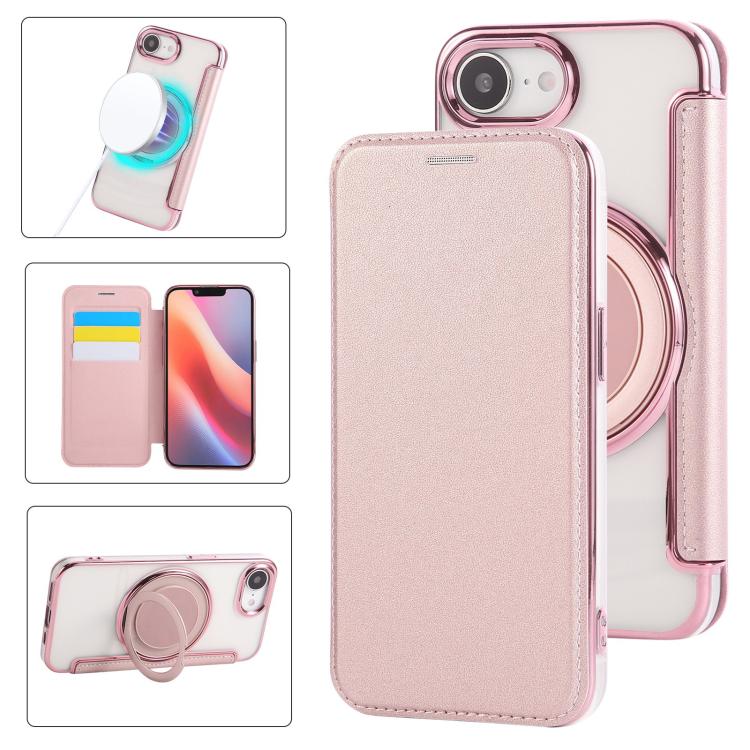 

For iPhone 17e / 16e Ultra-thin Rotation Holder Magnetic Plating Vegan Leather Phone Case(Rose Gold)