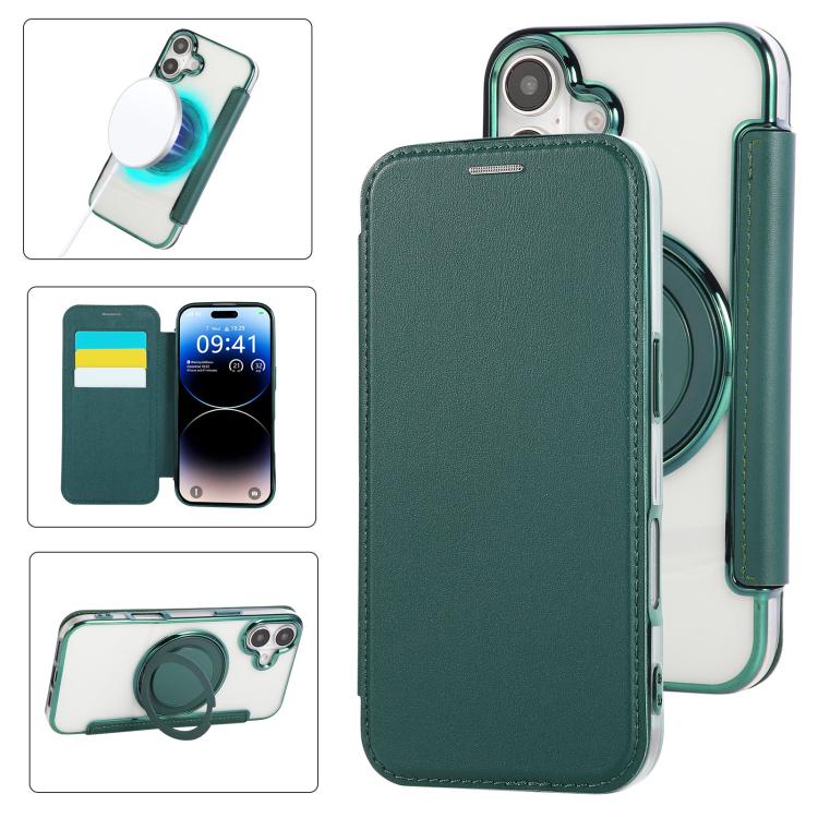 

For iPhone 16 Ultra-thin Rotation Holder Magnetic Plating Vegan Leather Phone Case(Blackish Green)