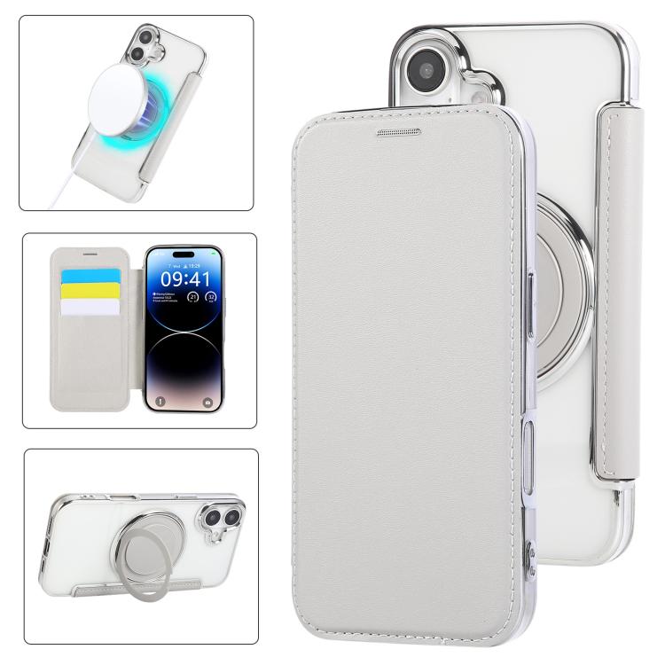 

For iPhone 16 Ultra-thin Rotation Holder Magnetic Plating Vegan Leather Phone Case(Grayish White)
