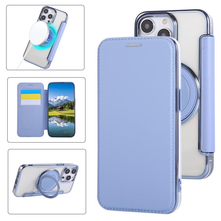 

For iPhone 15 Pro Max Ultra-thin Rotation Holder Magnetic Plating Vegan Leather Phone Case(Sierra Blue)