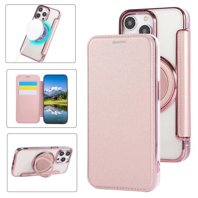 

For iPhone 15 Pro Ultra-thin Rotation Holder Magnetic Plating Vegan Leather Phone Case(Rose Gold)