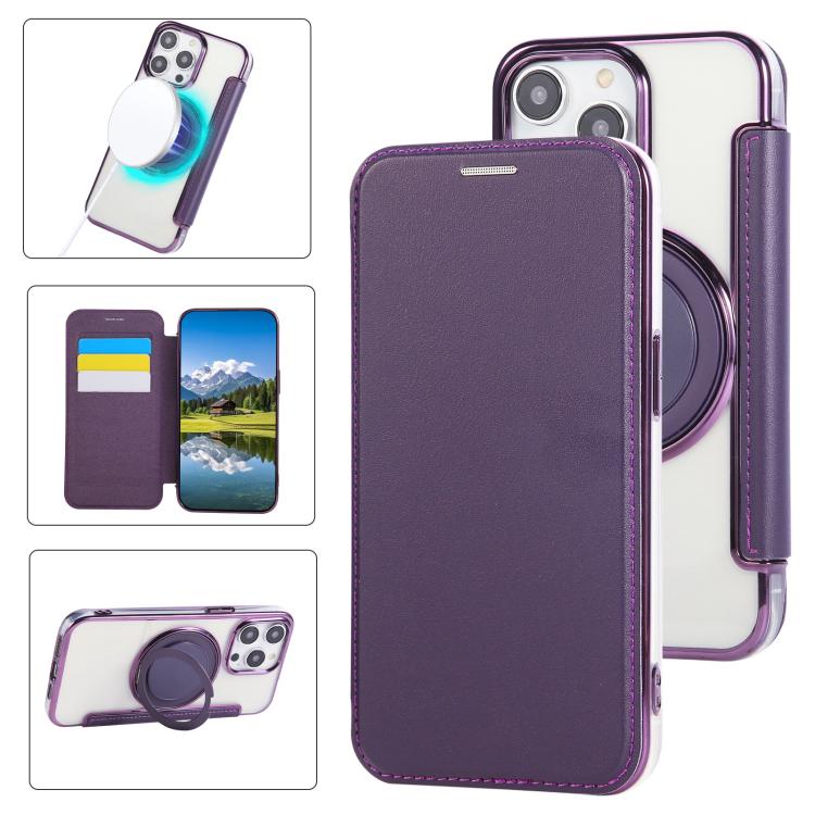 

For iPhone 15 Pro Ultra-thin Rotation Holder Magnetic Plating Vegan Leather Phone Case(Purple)