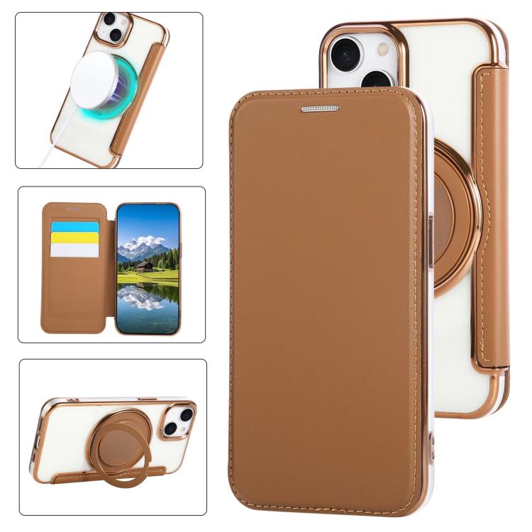 

For iPhone 14 / 13 Ultra-thin Rotation Holder Magnetic Plating Vegan Leather Phone Case(Brown)