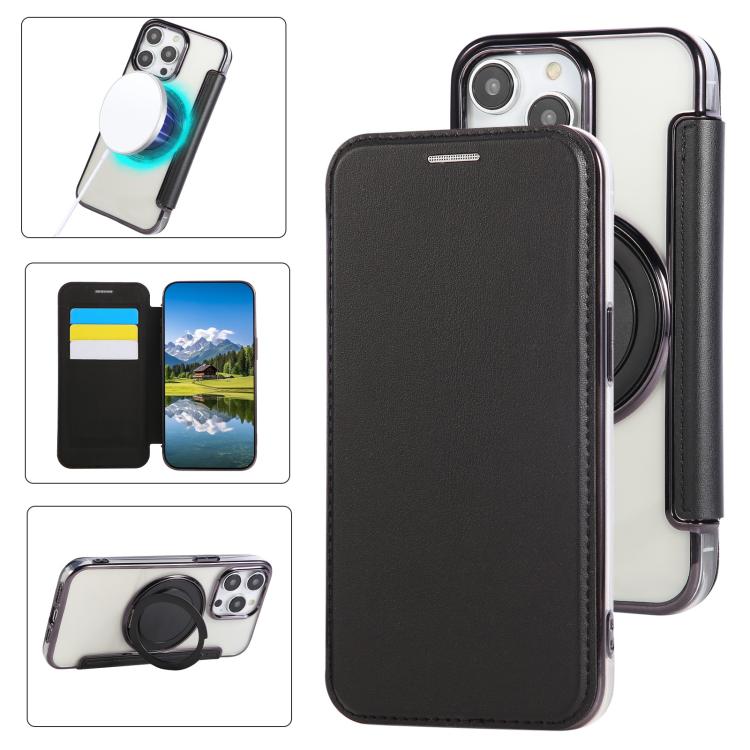 

For iPhone 13 Pro Max Ultra-thin Rotation Holder Magnetic Plating Vegan Leather Phone Case(Black)