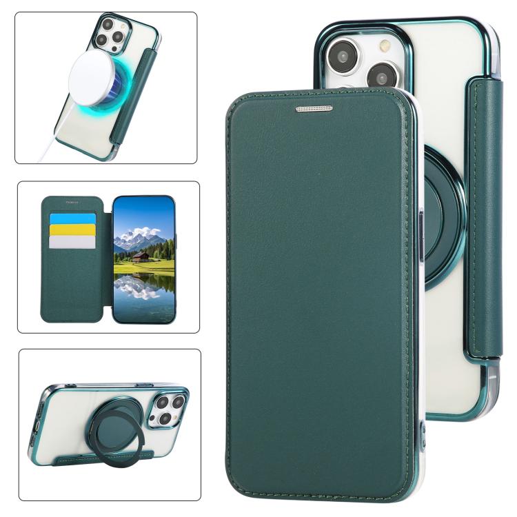 

For iPhone 12 Pro Max Ultra-thin Rotation Holder Magnetic Plating Vegan Leather Phone Case(Blackish Green)