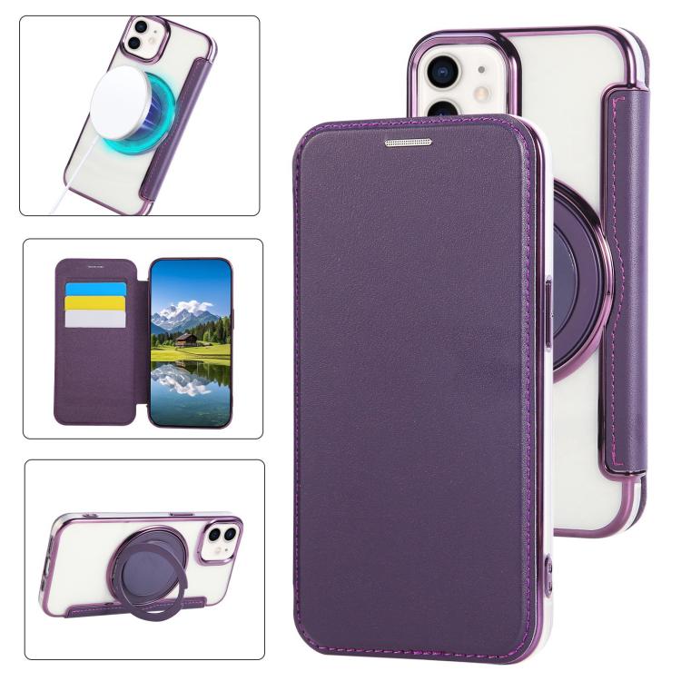 

For iPhone 12 / 12 Pro Ultra-thin Rotation Holder Magnetic Plating Vegan Leather Phone Case(Purple)