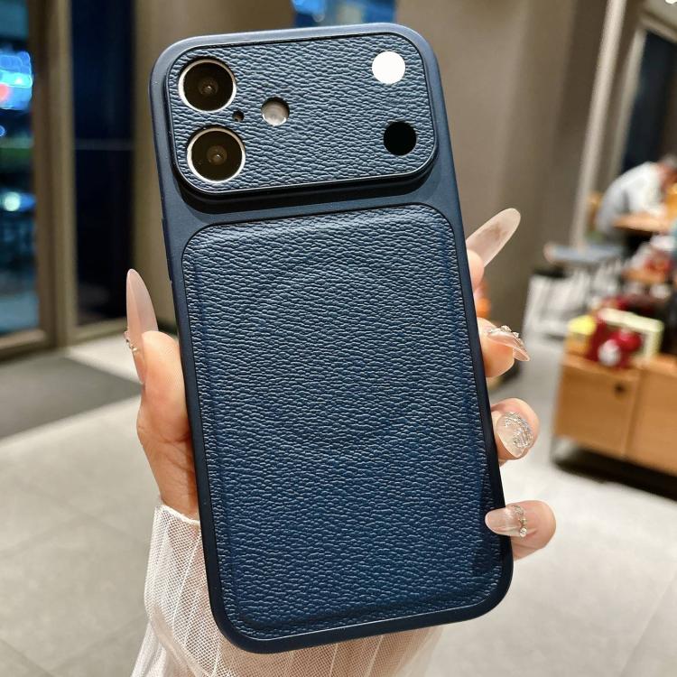 

For iPhone 16 Transforms Into 17 Large Window Litchi Texture Magnetic Phone Case(Dark Blue)