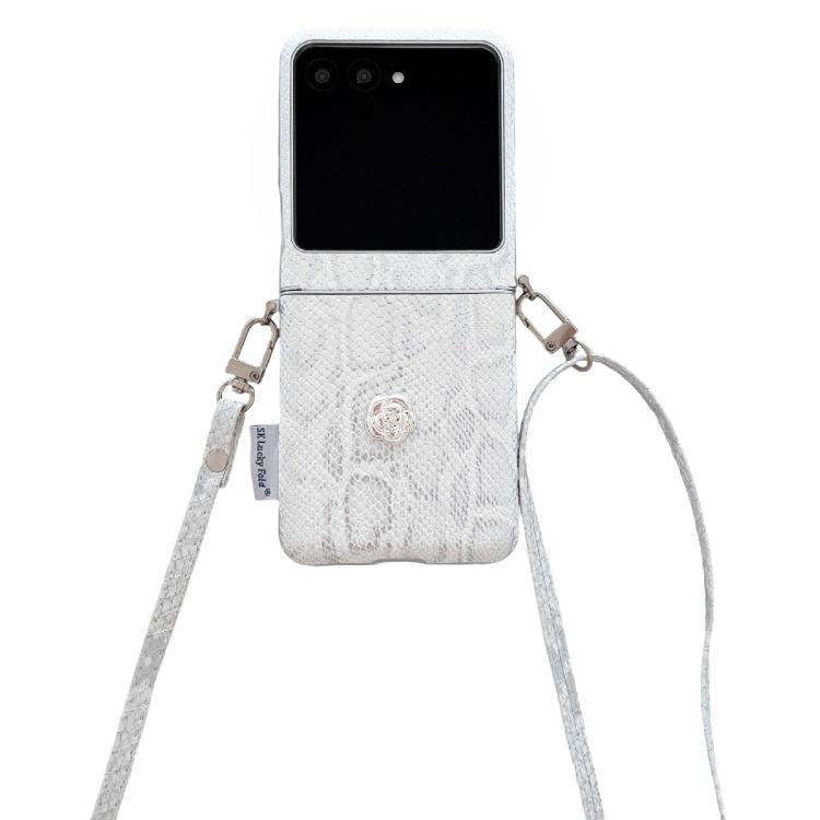 

For Motorola Razr 60 Ultra Scale Texture Camellia Phone Case with Crossbody Rope(Silver)