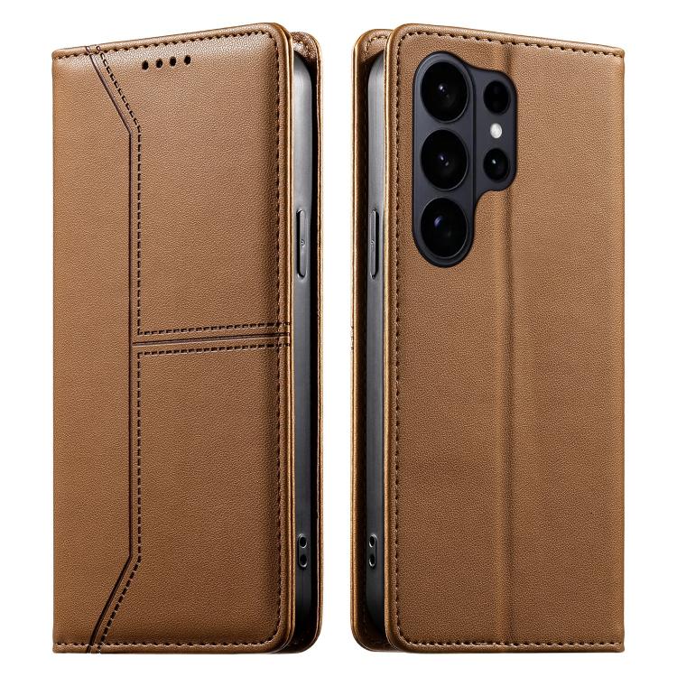 

For Samsung Galaxy S26 Ultra 5G Stitched Line Magnetic RFID Vegan Leather Phone Case(Brown)
