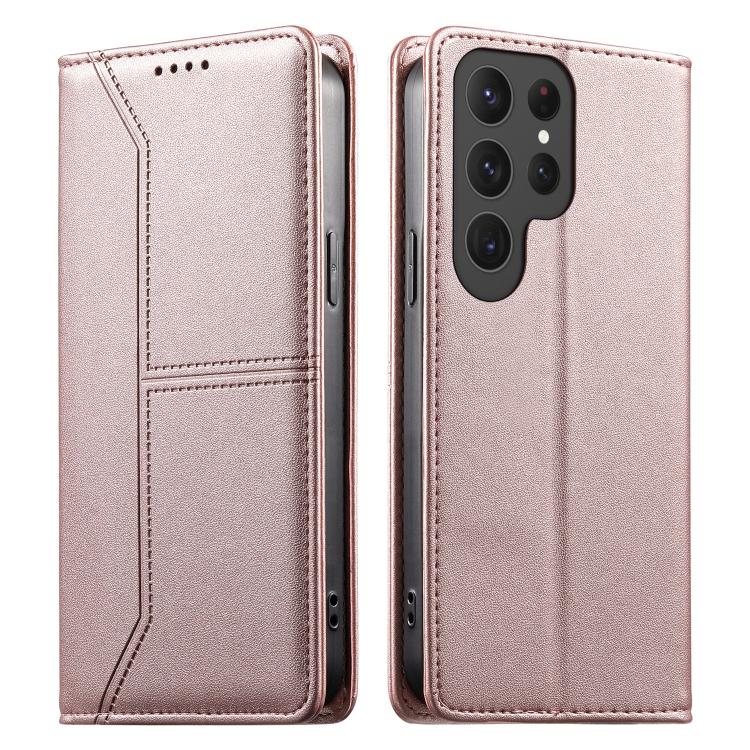 

For Samsung Galaxy S25 Ultra 5G Stitched Line Magnetic RFID Vegan Leather Phone Case(Pink)