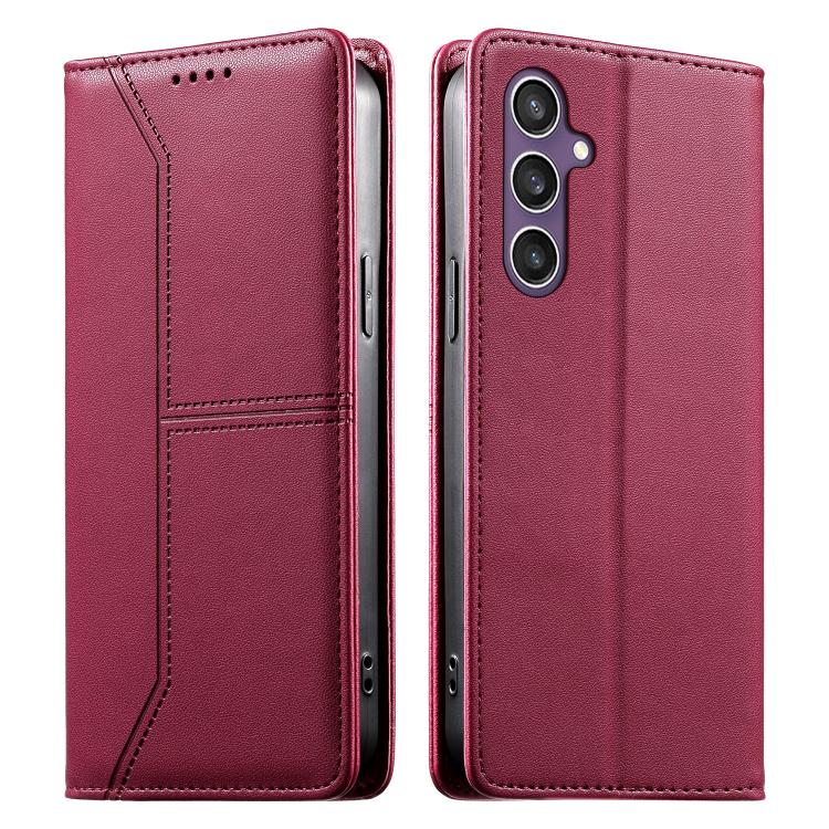 

For Samsung Galaxy S25 5G / S24 5G Stitched Line Magnetic RFID Vegan Leather Phone Case(Wine Red)