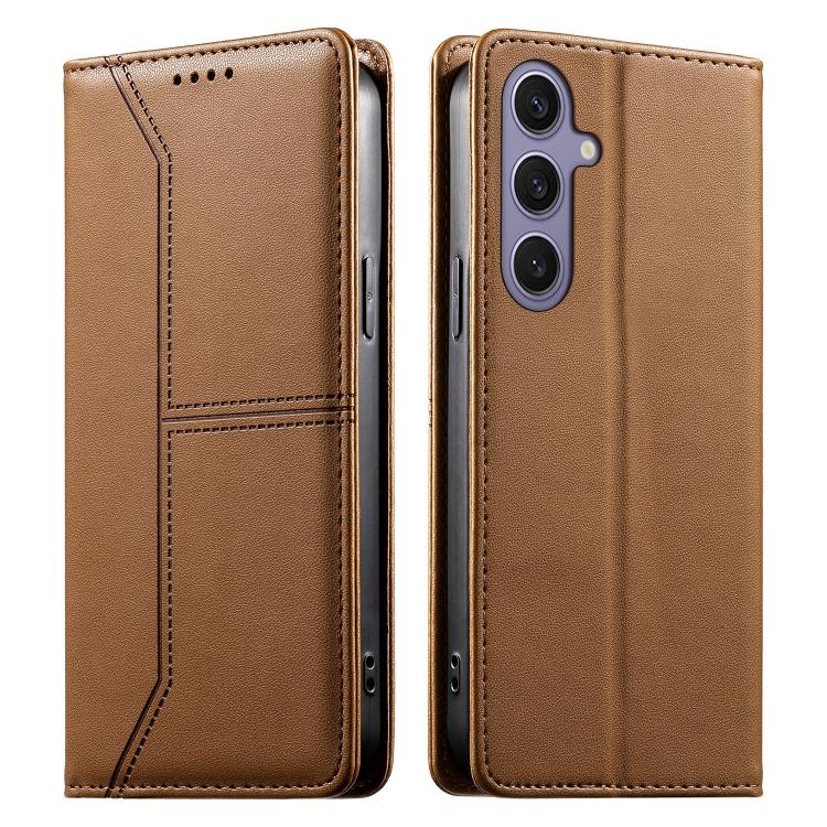 

For Samsung Galaxy S25+ 5G / S24+ 5G Stitched Line Magnetic RFID Vegan Leather Phone Case(Brown)