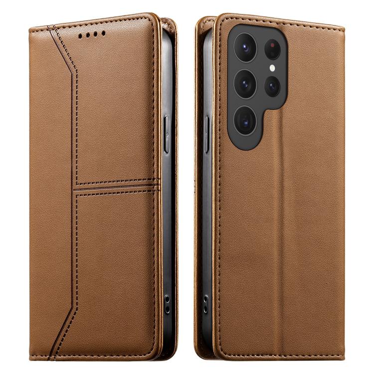 

For Samsung Galaxy S24 Ultra 5G Stitched Line Magnetic RFID Vegan Leather Phone Case(Brown)