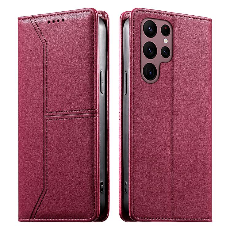 

For Samsung Galaxy S22 Ultra 5G Stitched Line Magnetic RFID Vegan Leather Phone Case(Wine Red)
