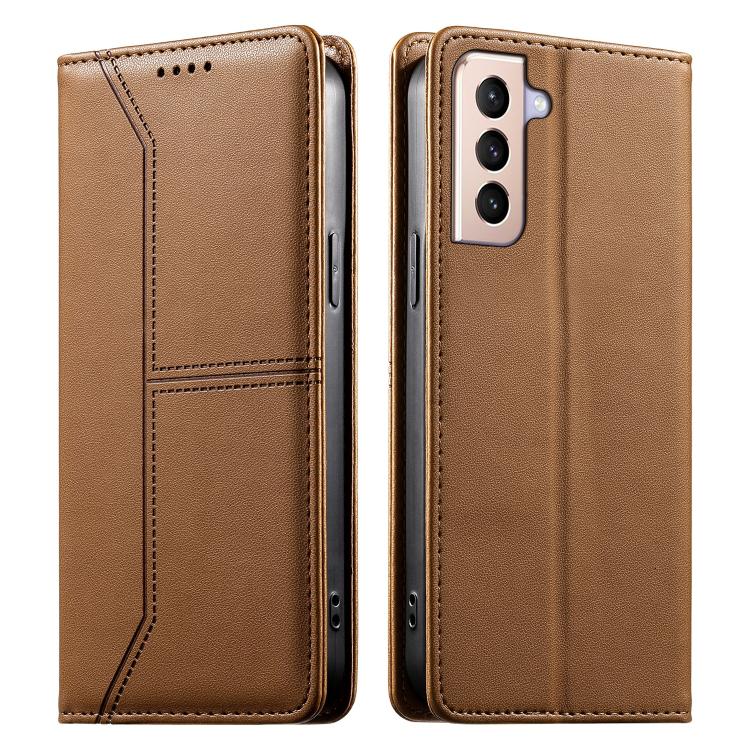 

For Samsung Galaxy S21+ 5G Stitched Line Magnetic RFID Vegan Leather Phone Case(Brown)