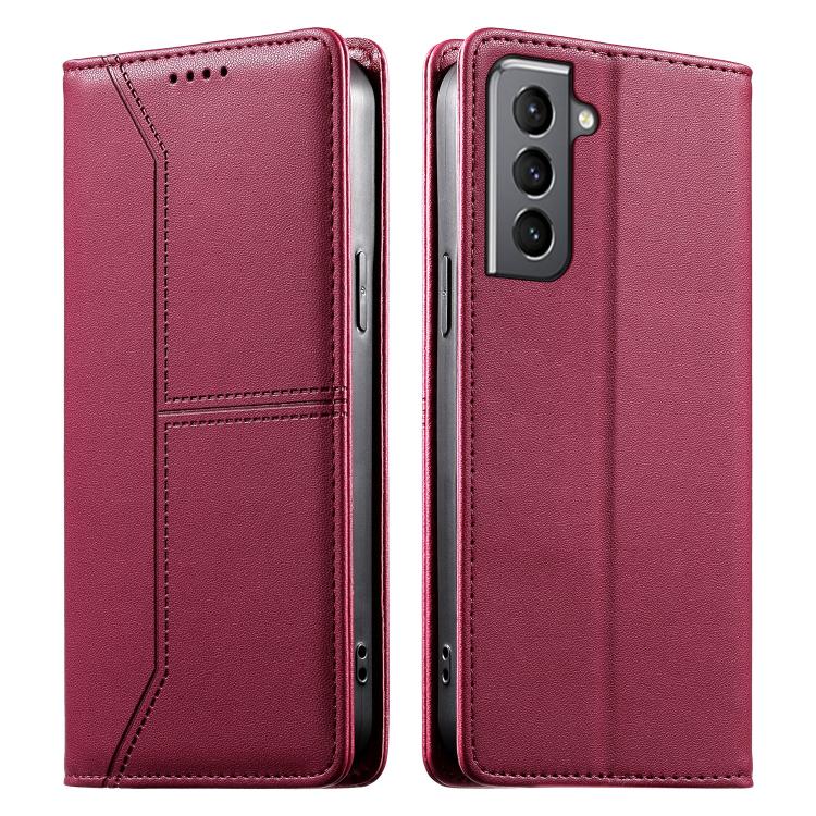 

For Samsung Galaxy S21 5G Stitched Line Magnetic RFID Vegan Leather Phone Case(Wine Red)