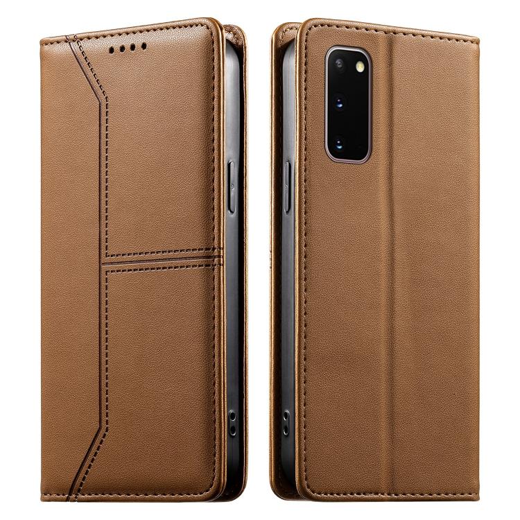 

For Samsung Galaxy S20 Stitched Line Magnetic RFID Vegan Leather Phone Case(Brown)